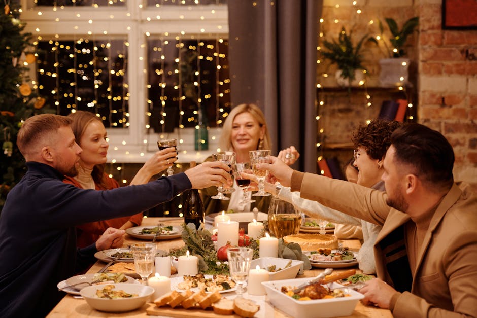 A joyful family gathering celebrating around a festive dining table with Christmas decorations