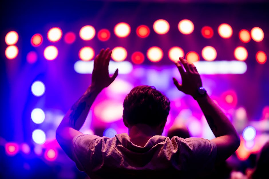 A lively concert atmosphere with colorful stage lights and an engaged audience member in silhouette.